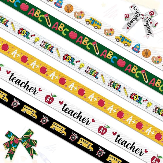 Threetols 6 Rolls 18 Yards Back to School Ribbons, 3/8" School Day Grosgrain Black Green Yellow White Apple Pencil ABC Bus Gift Wrapping Ribbon for Teacher Kindergarten Party Supply