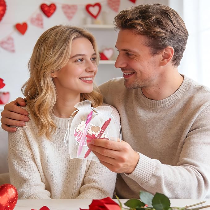 Xqumoi Valentine’s Day Coffee Cup Sticky Notes with Pen Gift Set - 24 Set Heart Self Sticky Writing Memo Pads Ballpoint Pens with Mesh Bag Party Favors Wedding School Classroom Rewards Office Supplies