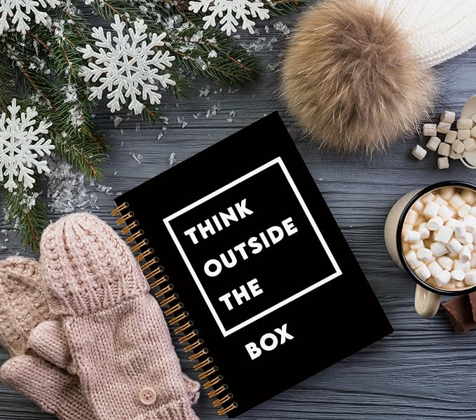QUICQOD Think Outside The Box Notebook,Typography Journals,Motivational Notebook for Work Office School Student Teacher Counselor,Minimalist Black Hardcover Spiral Notebook 5.5x8.3