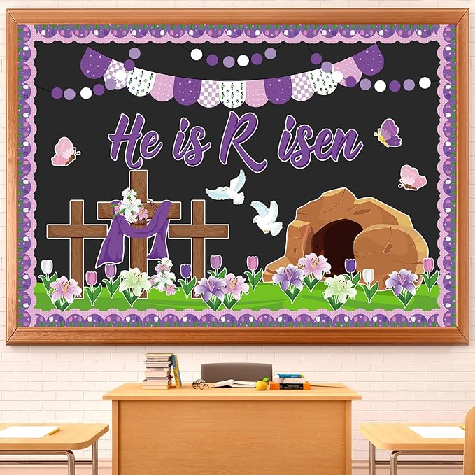 Supervitae 86 Pcs Christian Easter Bulletin Board Decorations Set Religious Easter Classroom Decorations He is Risen Paper Cut Outs for School Nursery Spring Birthday Party Supplies