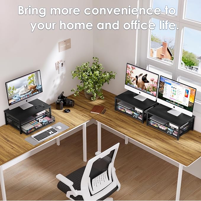 OPNICE Computer Monitor Stand Riser, Desk Organizer with Drawer, Laptop Stand, Office Desk Accessories & Workspace Desktop Organizers Storage for Office Supplies(Black)