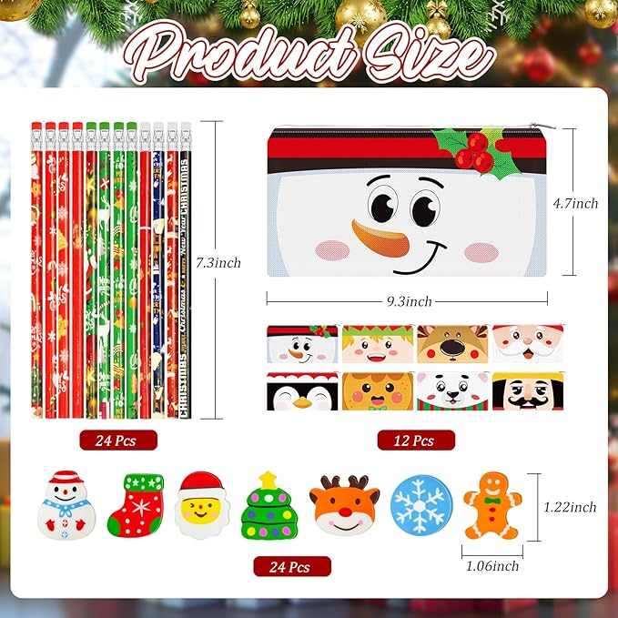 Cinrobiye 48 Pcs Christmas Gift Set Holiday Pencil Case Pouches Festive Pencils Erasers Xmas Party Favors Supplies Stocking Stuffers Goody Bag Fillers Teacher Rewards Prizes Holiday Exchange Gifts