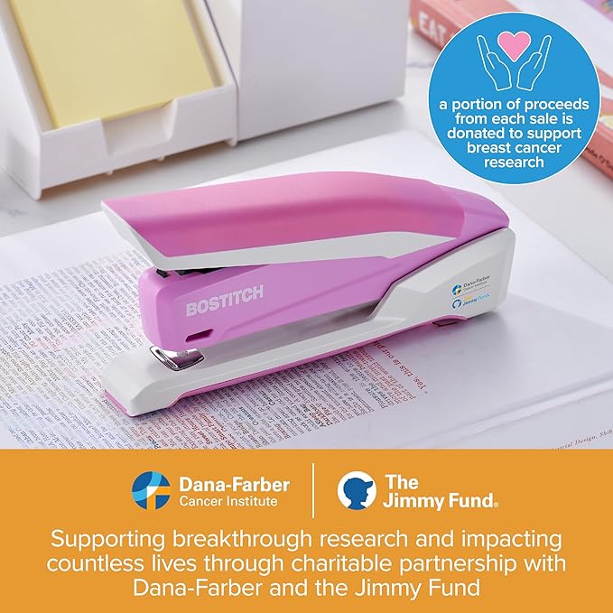 Bostitch Office InPower Spring-Powered Desktop Stapler, 20 Sheet Capacity, One Finger Stapling, Includes 210 Staples, Jam Free, Opens for Tacking, Breast Cancer Awareness Pink