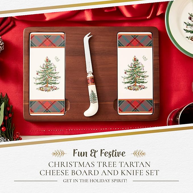 Spode Christmas Tree Cheese Board & Knife Set, Tartan Plaid - Holiday Entertaining, Charcuterie & Cracker Tray, Seasonal Serveware - Christmas Table Setting & Presentation
