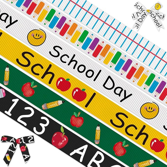 Threetols 6 Rolls 18 Yards Back to School Ribbons, 3/8" School Day Grosgrain Black Green Yellow Apple Pencil ABC Gift Wrapping for Teacher Kindergarten Party Supply