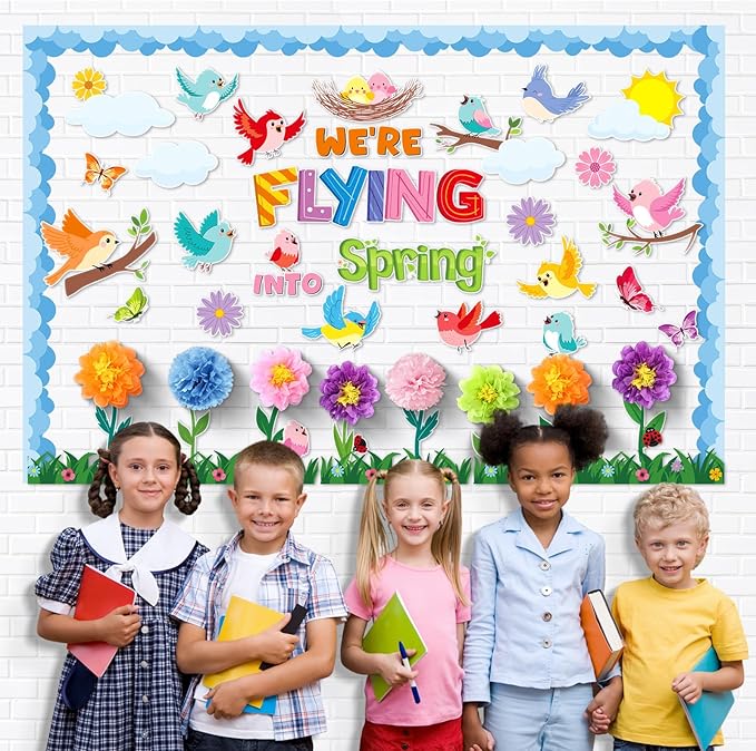 Blosssound 82 Pcs We're Flying into Spring Bulletin Board Set Spring Floral Bird Cutouts with 3D Tissue Paper Pompoms Colorful Bird Classroom Decorations for School Home Decor Supplies