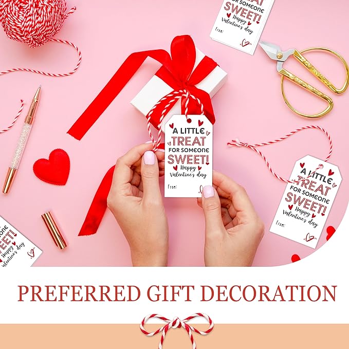 50Pcs Valentines Day Gift Sticker Tags - 3.5 x 2.1 in A Little Treat Happy Valentine Tags with String, Gift Label Idea Valentines Activity School Classroom Party Favors