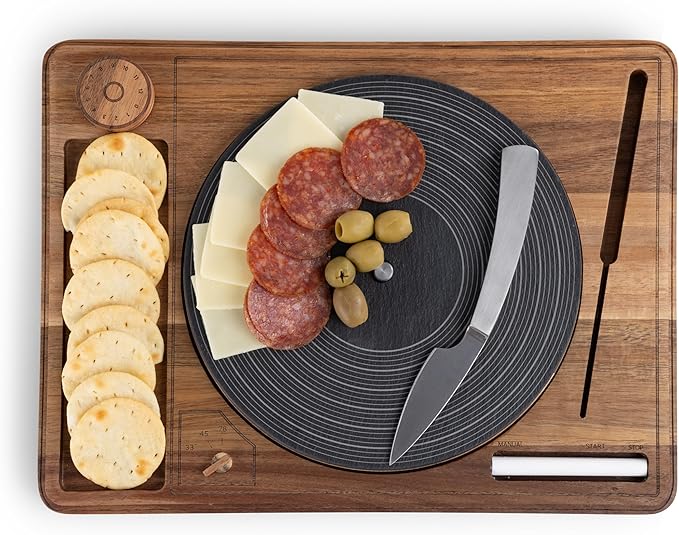 PICNIC TIME Turntable Cheese Board with Knife, Retro Vinyl Record Charcuterie Board, Spinning Lazy Susan Serving Slate Tray with Chalk for Labeling, (Acacia Wood)