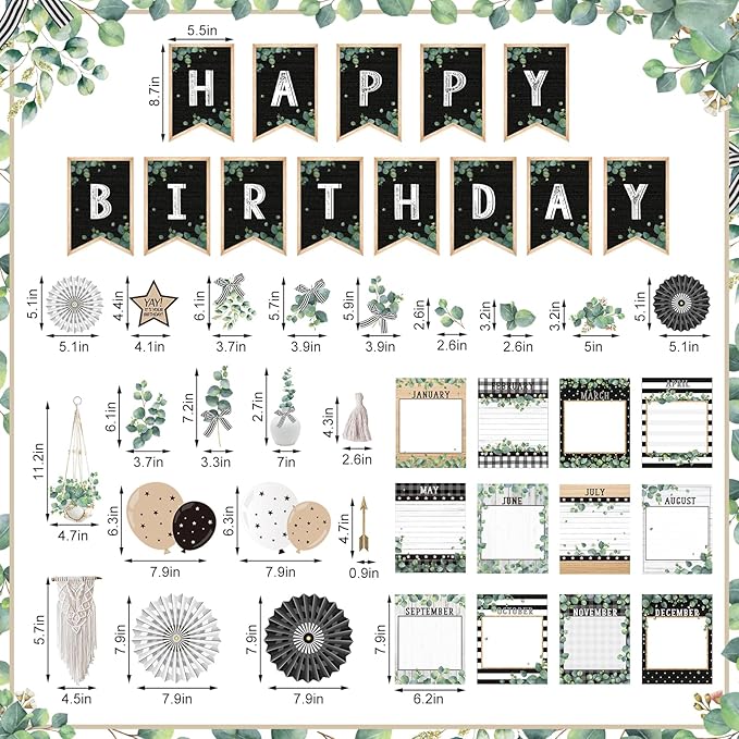 48 Pcs Classroom Happy Birthday Bulletin Board Sets Decorations, Eucalyptus Greenery Plant Birthday Classroom Decor, Nature Birthday Chart Poster Wall Classroom Themes Decoration Cutouts Sets Bundle