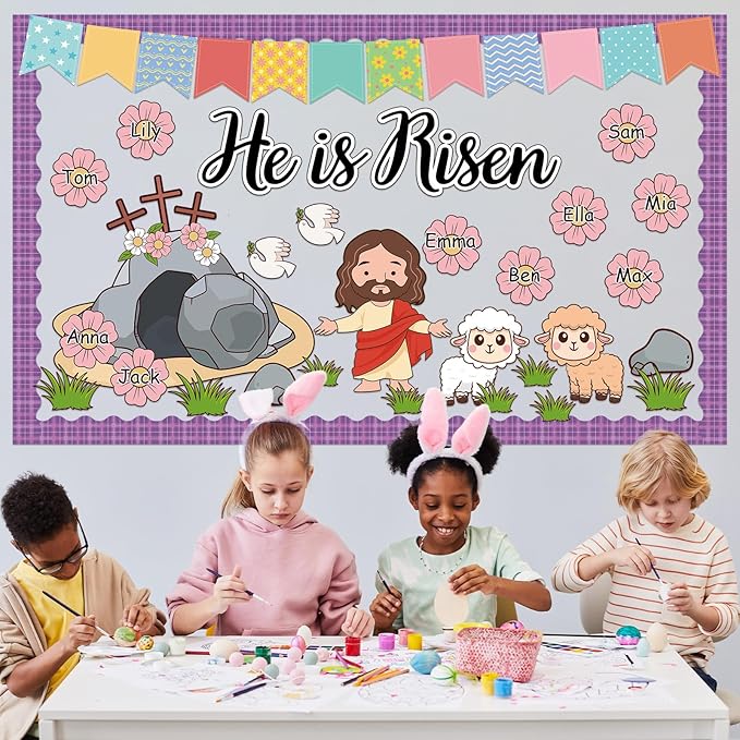 Easter He is Risen Bulletin Board Set Christian Classroom Decorations Easter Religious Jesus Cross Cutouts Flower Name Tags Purple Plaid Bulletin Board Borders for Church Sunday School Wall Door Decor