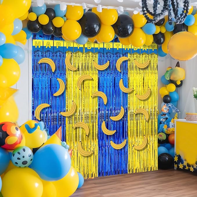 Epakh 39 Pcs Banana Cartoon Birthday Party Decorations Includes 24 Pieces Paper Cards Decor 13 Pcs Happy Birthday Banner 2 Pcs Foil Fringe Curtain Backdrop for Photo Prop Themed Party Supplies