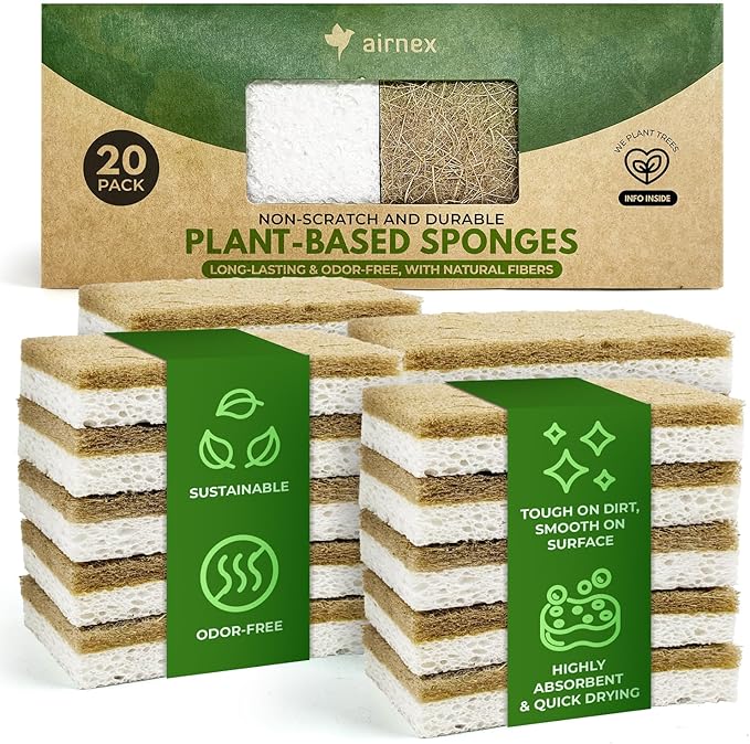 Natural Kitchen Sponges Pack of 20 - Biodegradable Cellulose and Coconut Husk Walnut Scrubbers - Odor Free Non Scratch - Eco Friendly Quick Drying Dishwashing Sponges