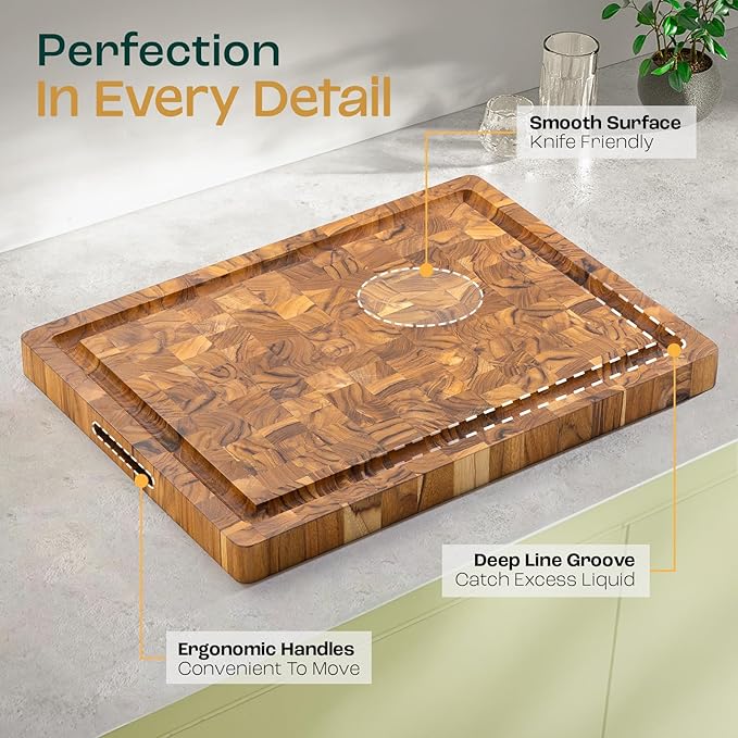 Yes4All Large Teak Cutting Boards for Kitchen, 20"x15"x1.5" End Grain Butcher Block with Food-Friendly Surface, Durable Wood Chopping Board with Juice Grooves and Easy-Grip Handle for Home Prep