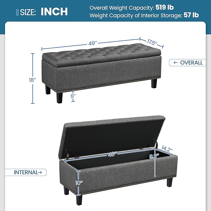 Yaheetech Classic 50-inch Entryway Ottoman Bench with Storage - Multipurpose Foot Rest Sofa Stool in Dark Gray, 2PCS