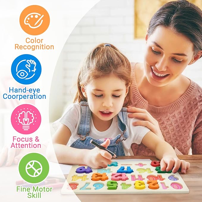 Attmu Number Puzzle Wooden Puzzles for Toddlers Toy, Shape Learning Toys with Puzzle Board & Number Blocks, Preschool Educational Toys Gifts for Girls Boys