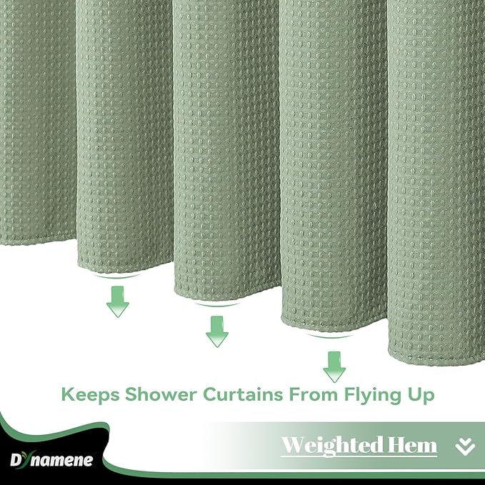 Dynamene Fabric Shower Curtain with Snap in Liner, Sage Green Waffle Hotel Shower Curtains for Bathroom, Washable Waterproof Cloth Shower Curtain Liner Set with Plastic Hook, Mesh Top Window, 72x72