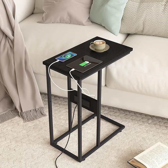 VECELO C Shaped End Table with Charging Station & Power Outlets, Quick Access Side Table for Sofa, C Bedside for Living Room Bedroom 2 Set,Black