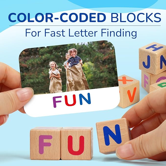 BenBen Spelling Games with Flash Cards, 112 Words, Montessori Toys for 3 4 5 6 Years Old Kids, Wooden Matching Letters Games, CVC Word Educational Learning Toys, Gift for Preschool Kindergarten
