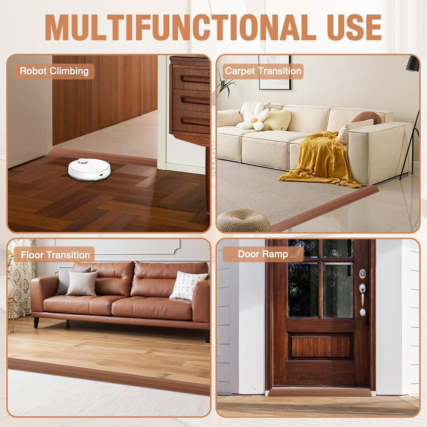 Floor Transition Strip Self Adhesive Vinyl Door Threshold for Doorways Carpet Edging Trim Overlap Edge Reducer for Laminate Floor, Carpet, Tile (Light Brown Wood Grain, 2/5" to 3/5", 10Ft)