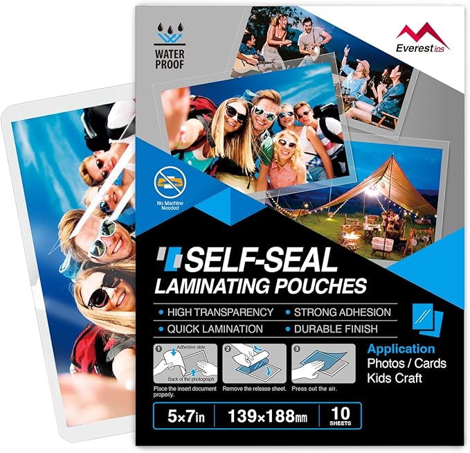 Everest Self Seal Laminating Pouches, Self Sealing for Photo Cards 5 x7 Inch Size, Waterproof After Laminating, 10 Mil Thick, Gloss Finish, No Machine Neede (10, 5x7)