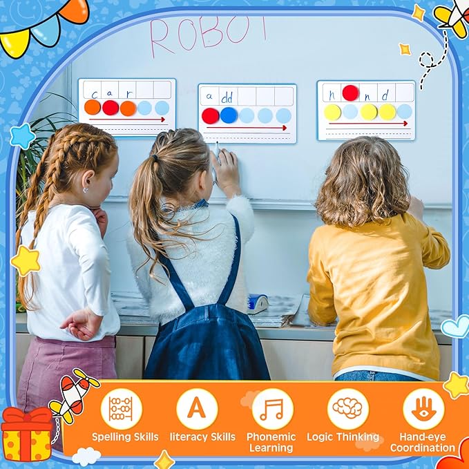 Nezyo 10 Pcs Phonemic Awareness Games Dry Erase Board Phonics Games with Magnetic Button and Pen Educational Gift for Kindergarten Classroom Kids Letter Sound Science Reading (Blue)