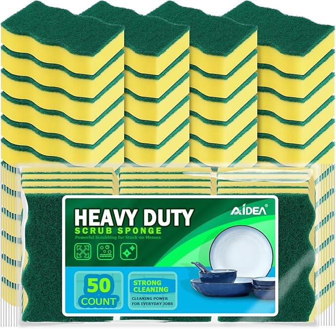 AIDEA Sponges Kitchen, 50 Pack Heavy Duty Dish Sponge, Cleaning Dish Scrubber Sponge for Home and Kitchen, Stink-Free Cleaning Supplies for Pots, Pans