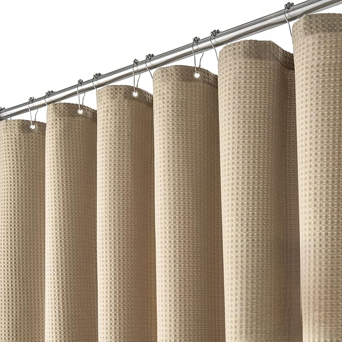 Dynamene Stall Fabric Shower Curtain - 60 x 84 inch Long Waffle Weighted Thick Cloth Shower Curtain for Bathroom, Neutral Heavy Duty Hotel Spa Luxury Shower Curtain Set with 10 Hook, Beige/Khaki