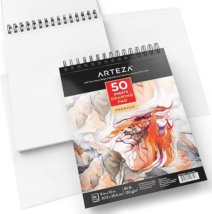 ARTEZA Drawing Paper Pad, 8 x 10 Inches, Pack of 2, 50 Sheets Each, Spiral Bound Artist Drawing Books, Durable Acid Free White Sketch Paper