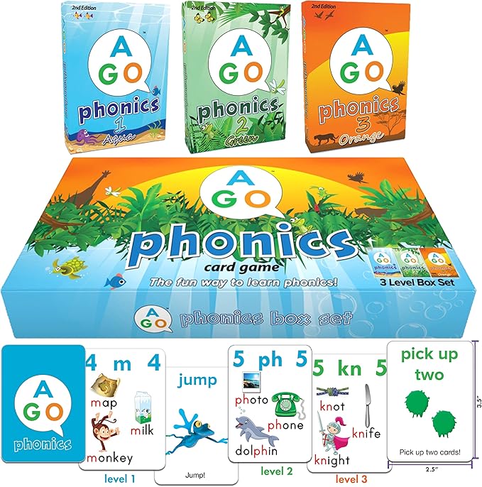 Phonics Card Game (3 Level Box Set). Build Reading Skills, Learn Words and Phonics Sounds While Playing a Fun Card Game! 3 x Playing Card Decks in a Magnetic Box