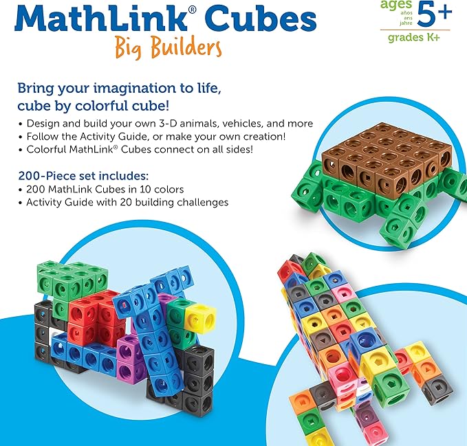 Learning Resources MathLink Cubes Big Builders - Math Manipulatives Kindergarten Games, Pattern Building Blocks, Counting Blocks, STEM Sets, Classroom Counters, Fine Motor Skills, Gifts For Kids
