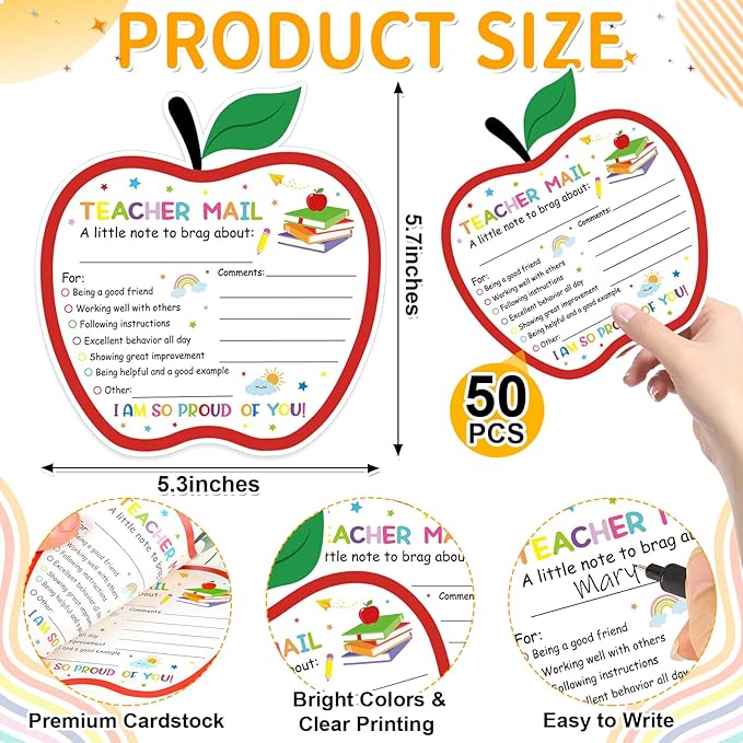 50Pcs Teacher Mail Notes to Parents, Happy Mail from Teacher, Brag Cards for Students Behavior Classroom Must Haves to Send Home for Preschool Kindergarten Elementary School Supplies (Apple)