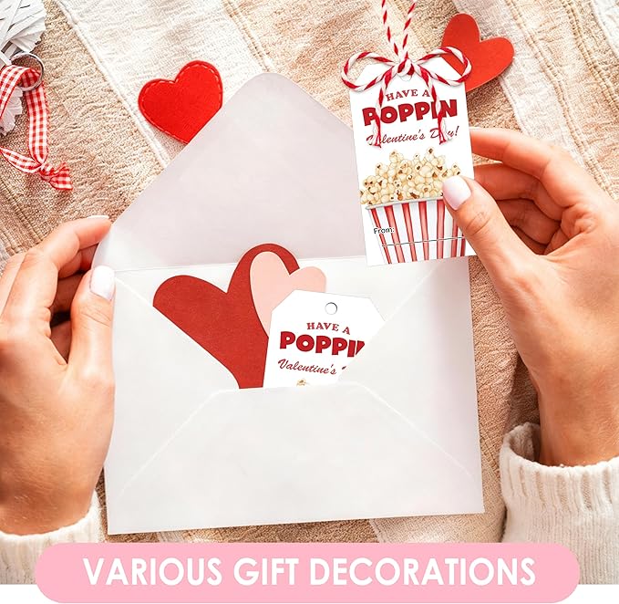 50 Pcs Have A Poppin Valentines Day Sticker Label, Valentine Gift Tags with String, Gift Tag Paper Tags Labels Idea Valentines Activity School Classroom Party Favors