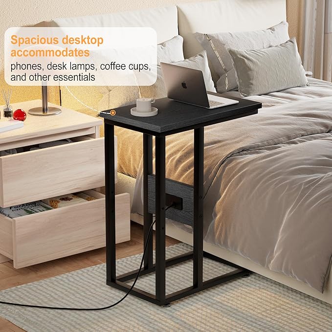 VECELO C Shaped End Table with Charging Station & Power Outlets, Quick Access Side Table for Sofa, C Bedside for Living Room Bedroom 2 Set,Black