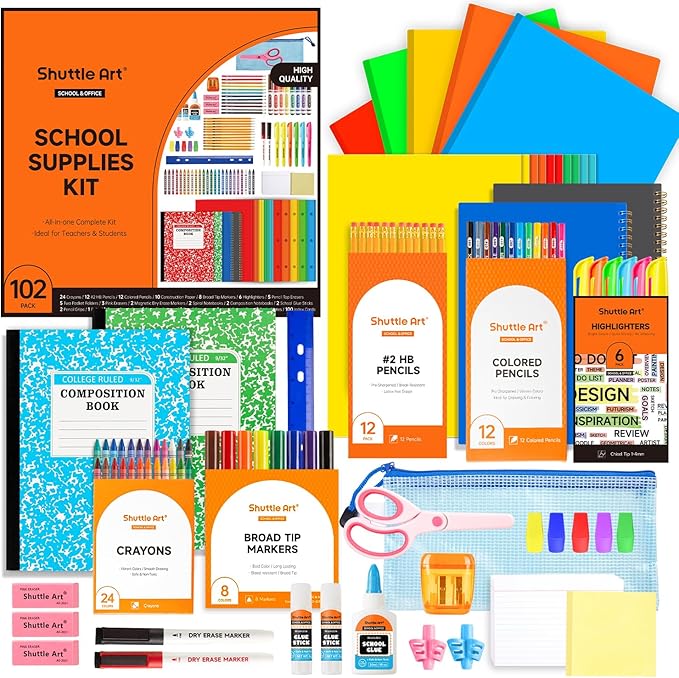 Shuttle Art 102 PCS Back to School Supplies Kit, School Supply Box for Grades K-5, School Supplies for Kids and Students, Including Pencils, Pens, Markers, Erasers, Notebooks, Folders and More