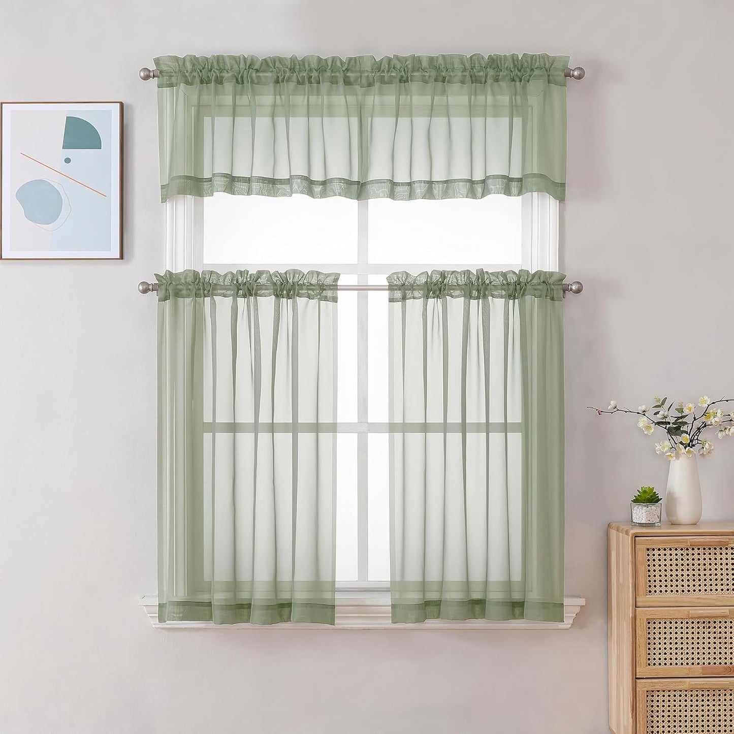 Chyhomenyc Sage Green Sheer Curtains 30 inch Length 2 Panels, Light Filtering Voile Rod Pocket Short Window Curtians for Bathroom Living Room Farmhouse Small Windows, 42Wx30L inches