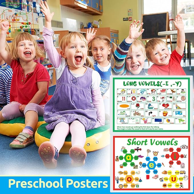 12 English Phonics Language Arts Skills Charts for Toddlers| Learning Vowels Anchor Posters, Sight Words Poster Alphabet Bulletin Board for Home,Kindergarten,Primary School,Classroom Decor(8.2x 12'')