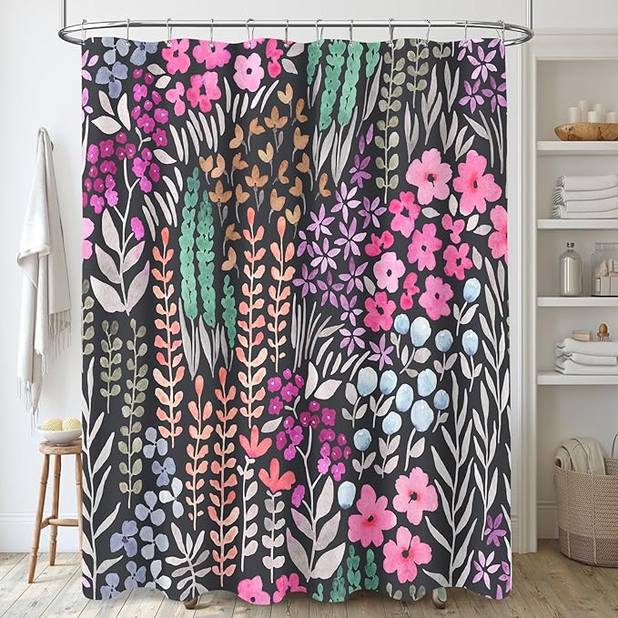 Extra Long Shower Curtain 72 x 96 Inch, Floor to Ceiling X-Long Tall Cute Floral Shower Curtain for Bathroom, Black Hot Pink Wildflower Boho Cottagecore Fabric Shower Curtain Set with Hooks