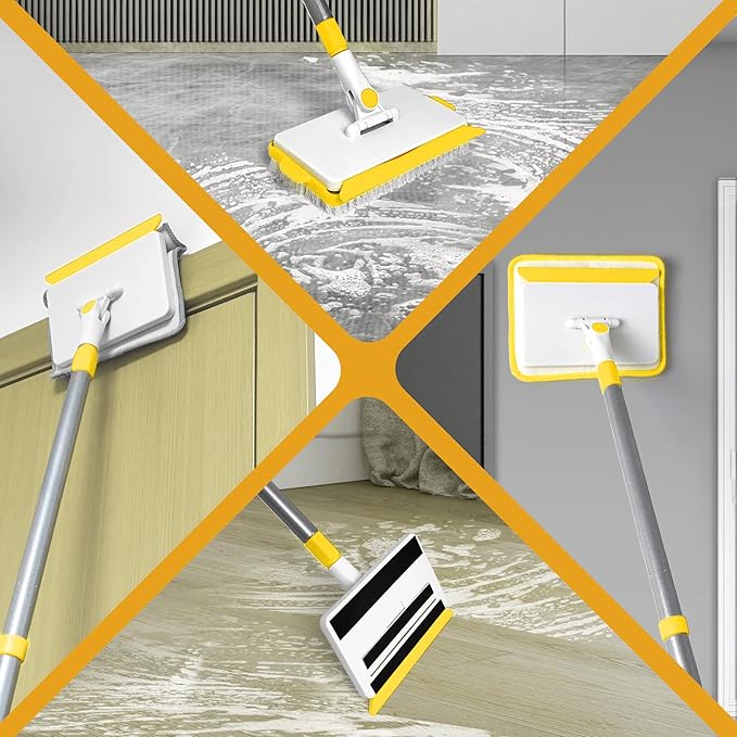 JEHONN Baseboard Cleaner Tool with Handle, 56 inches Base Boards Cleaning Mop Scrubber, 1 Stiff Bristles Brush, 2 Chenille and 2 Microfiber Pads, Wall Duster for Floorboard Ceiling Window (Yellow)