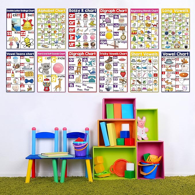 Yisong 13 Pcs English Phonics Poster Language Charts Learning Vowels Posters Alphabet Bulletin Board Set Wall Decoration (16 x 11 Inch)
