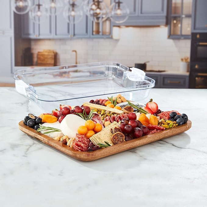 FARBERWARE Build-A-Board Acacia Cutting Board with Built-in Storage Compartments, Clear Locking Lid & White Handles, Great for Charcuterie & Snacks