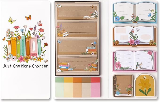 B1ykin Cute Sticky Notes Set - Just One More Chapter Self-Stick Notes Pad, 550 Sheets Writing Memo Pages Sticky Notepad for Teacher Appreciation Gift, School Office Party Favors Supplies (Wildflower)