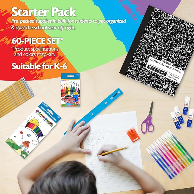 BAZIC Products School Kit Pack 60 Count, School Supply Box for Elementary Student K-6, Ruler Composition Book Pencil Eraser Crayon, 1-Pack