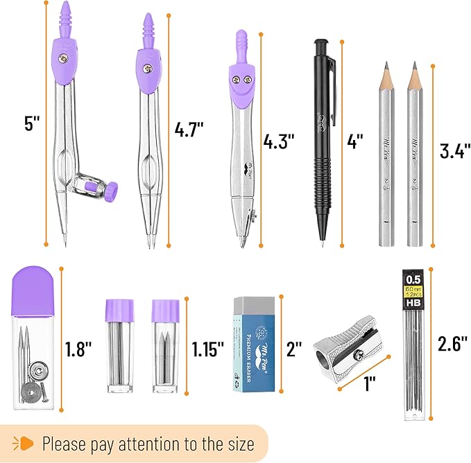 Mr. Pen- Geometry Set, 15 pcs, Purple, 6 Inch Swing Arm Protractor, Divider, Set Squares, Ruler, Compasses and Protractor