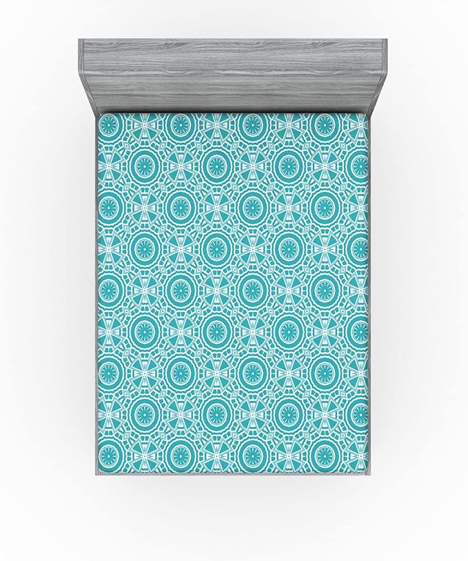 Ambesonne Boho Fitted Sheet, Continuous Abstract Pattern with Modern Mandala Effect Monochrome, Bed Cover with All-Round Elastic Deep Pocket for Comfort, Full Size, Dark Seafoam and White