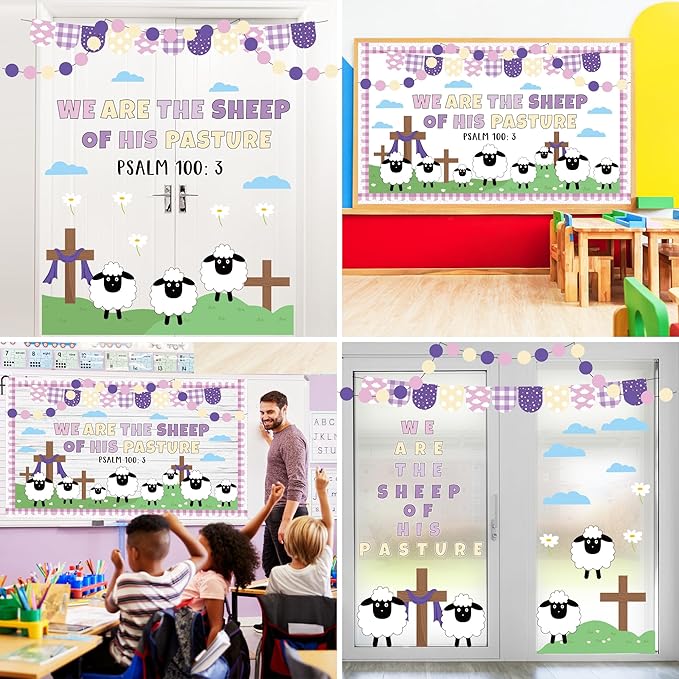 Easter Bulletin Board Decorations Christian Religious Classroom Bulletin Board Set Christian Sheep Cross We are The Sheep of His Pasture Cutouts for Spring School Sunday Home Church Wall Door