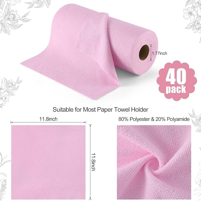 Homaxy Tear Away Dish Cloths Rolls, 40 Sheets-11.8" X 11.8", Reusable Washable Dish Towels for Kitchen, Ultra Absorbent and Quick Drying Microfiber Cleaning Rags, Pink