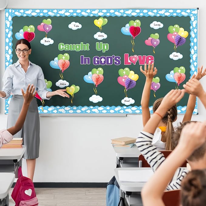 BeYumi 84Pcs Valentine's day Caught Up In God’s Love Christian Bulletin Board Set Heart Balloon Cross Honeycomb Name Tag Trim Border February Faith Religious Sunday School Chalkboard Church Decoration