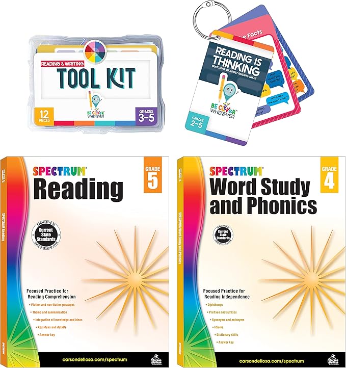 Carson Dellosa 31pc 4th Grade Reading Bundle, Grade 4 Word Study & Phonics and Reading Comprehension Workbooks and 4th Grade Reading Manipulatives, Literacy Centers for 4th Graders
