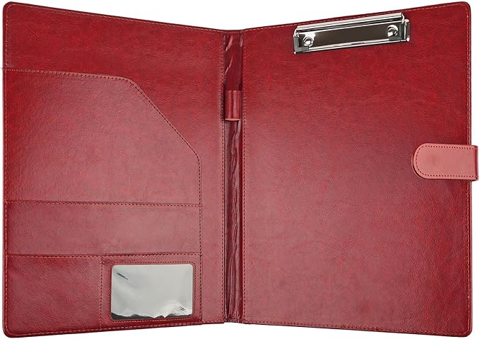 Professional Padfolio with Clipboard, Faux Leather Portfolio Folder Binder, Legal Pad Holder for A4 Letter Size Notepad, Resume, Writing, Ideal Organizer for Business Office Conference (Red)