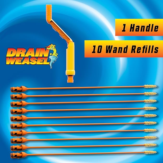 FlexiSnake Drain Weasel Sink Snake Hair Clog Remover Tool, Sink, Pipe, Bathroom, Bathtub Drain Cleaner, 18-inch Long, Flexible, Made in The USA, 10 Pack Wand Refills and Removable Handle